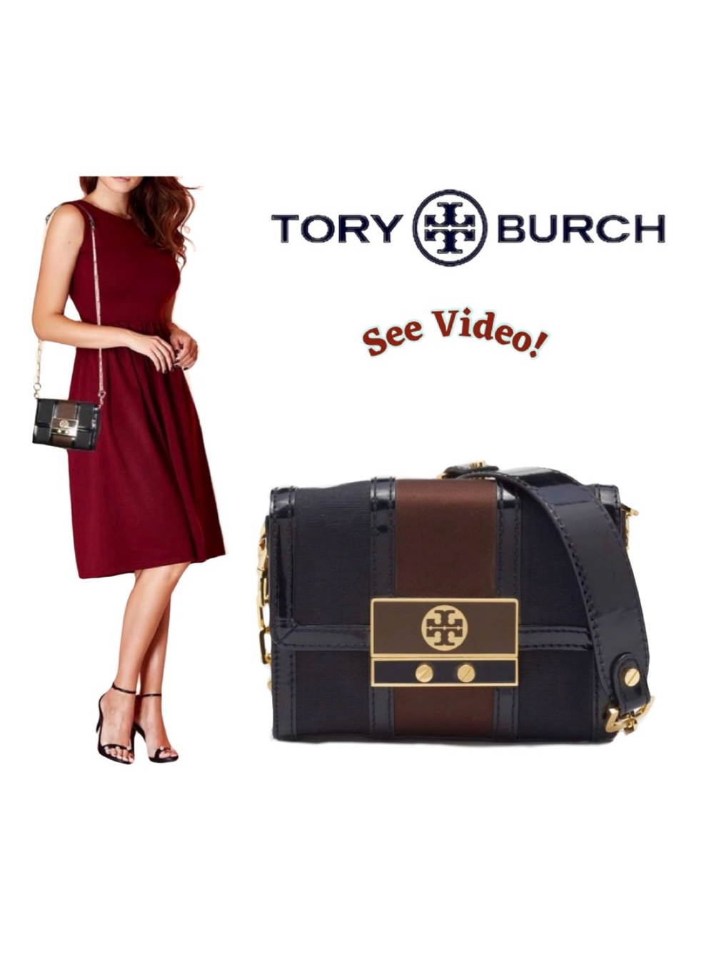 RARE! ♠️🌟 Tory Burch Canvas & Patent Leather Chain Strap Crossbody Evening Bag 🌟